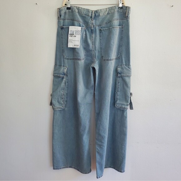 SONG Low Rise Slouchy Street Cargo Jean Blue Light Wash Denim Wide Leg NEW - Picture 2 of 14